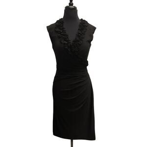 Maggie London Black Sheath Dress Size 8 Ruffled Neck EUC